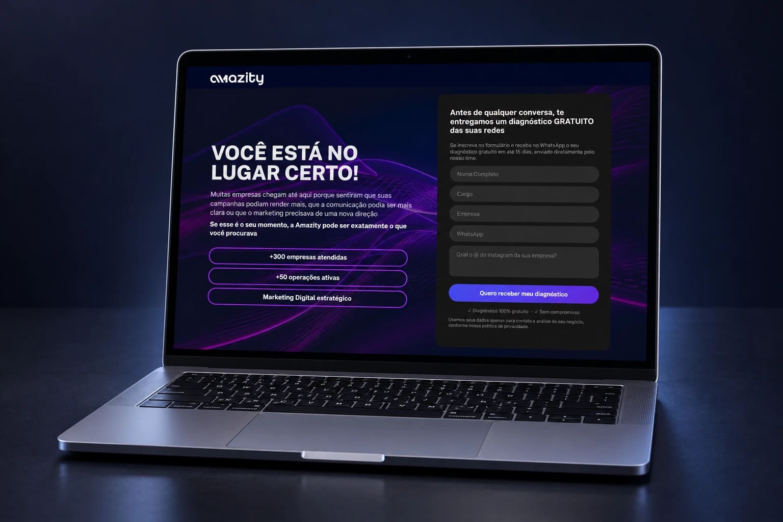 Mockup do LP Amazity como exemplo de landing page.
