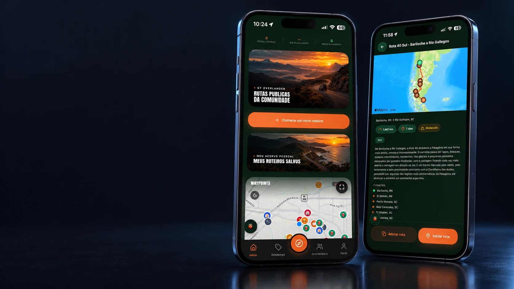Mockup do aplicativo GT Overlander em dois smartphones, a partir das telas oficiais.