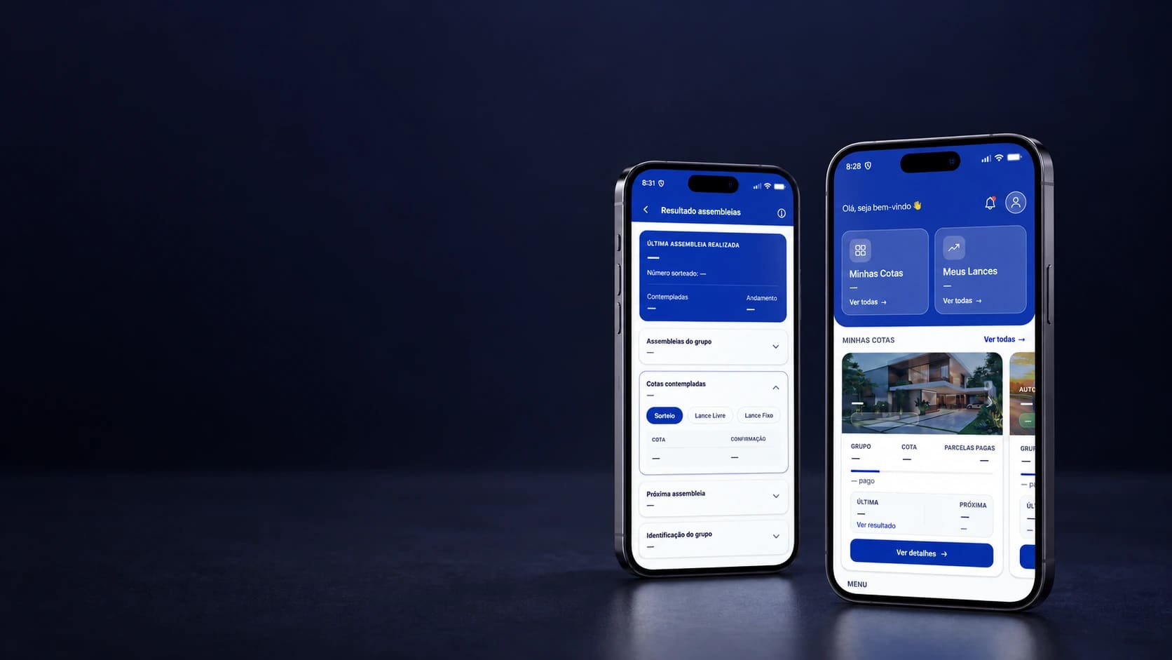 Mockup do aplicativo Consórcio Ibiporã, com dados de conta ocultados.