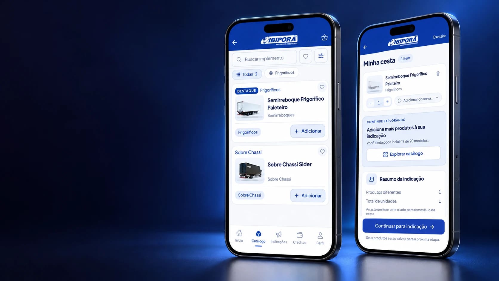 Catálogo e cesta do Ibiporã Indica em mockups de celulares, com dados de demonstração.