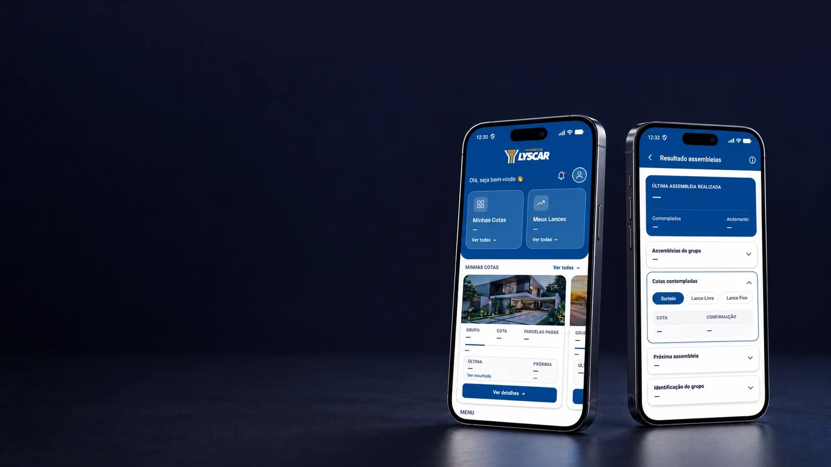 Mockup do aplicativo Consórcio Lyscar, com dados de conta ocultados.