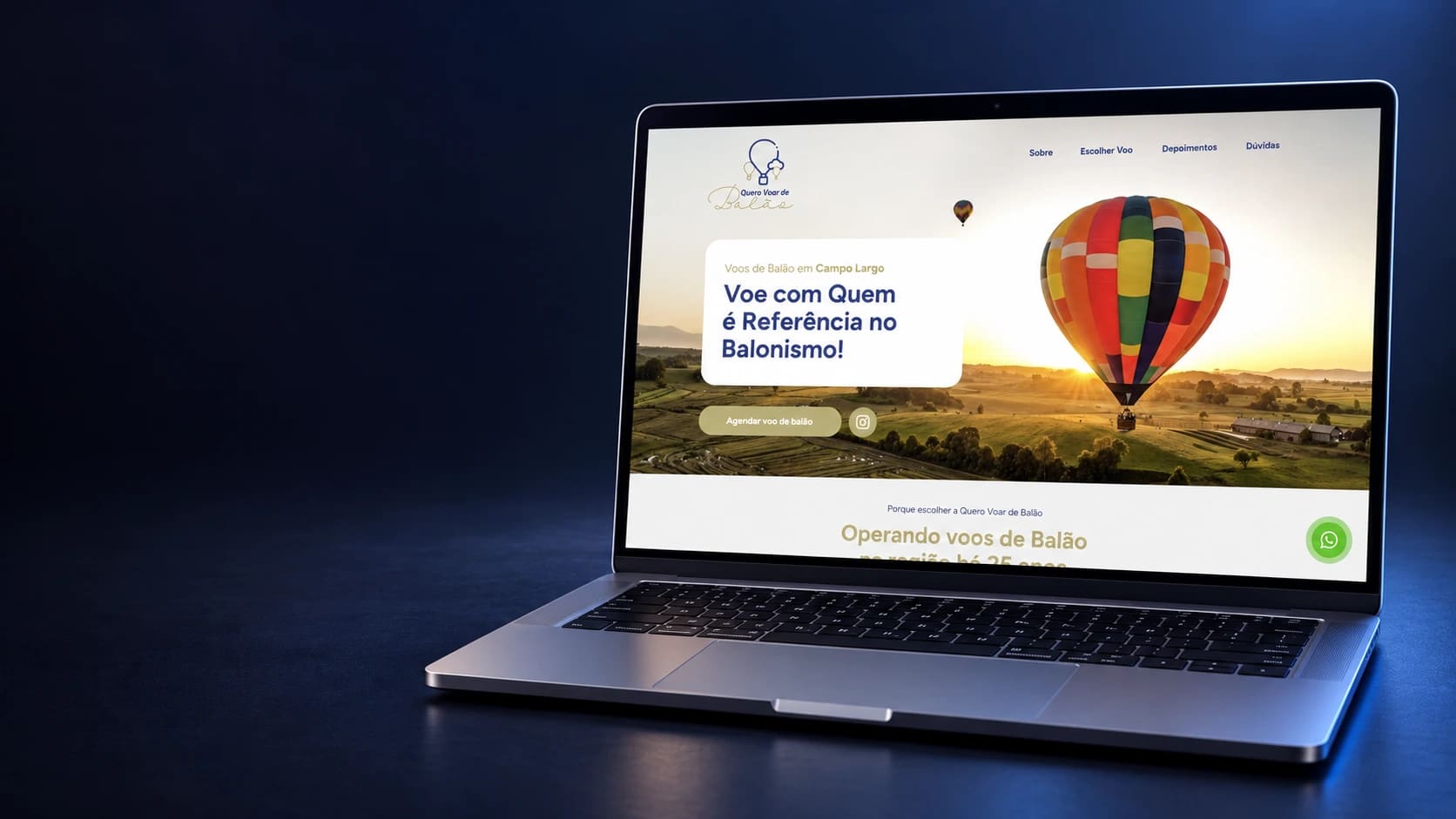 Mockup da landing page Quero Voar de Balão em notebook completo, a partir da página real fornecida.