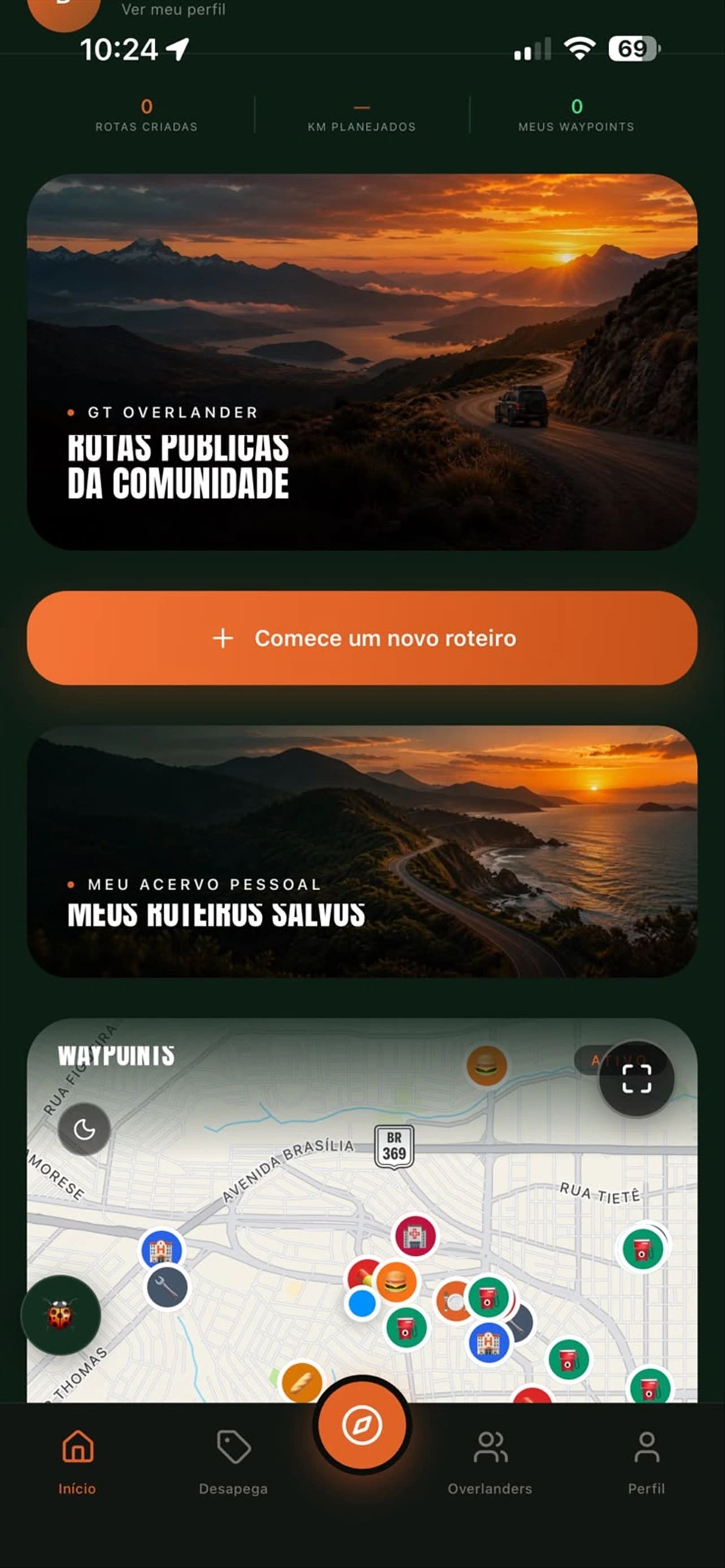 Imagem oficial da publicação do aplicativo GT Overlander na App Store: Home do aplicativo.