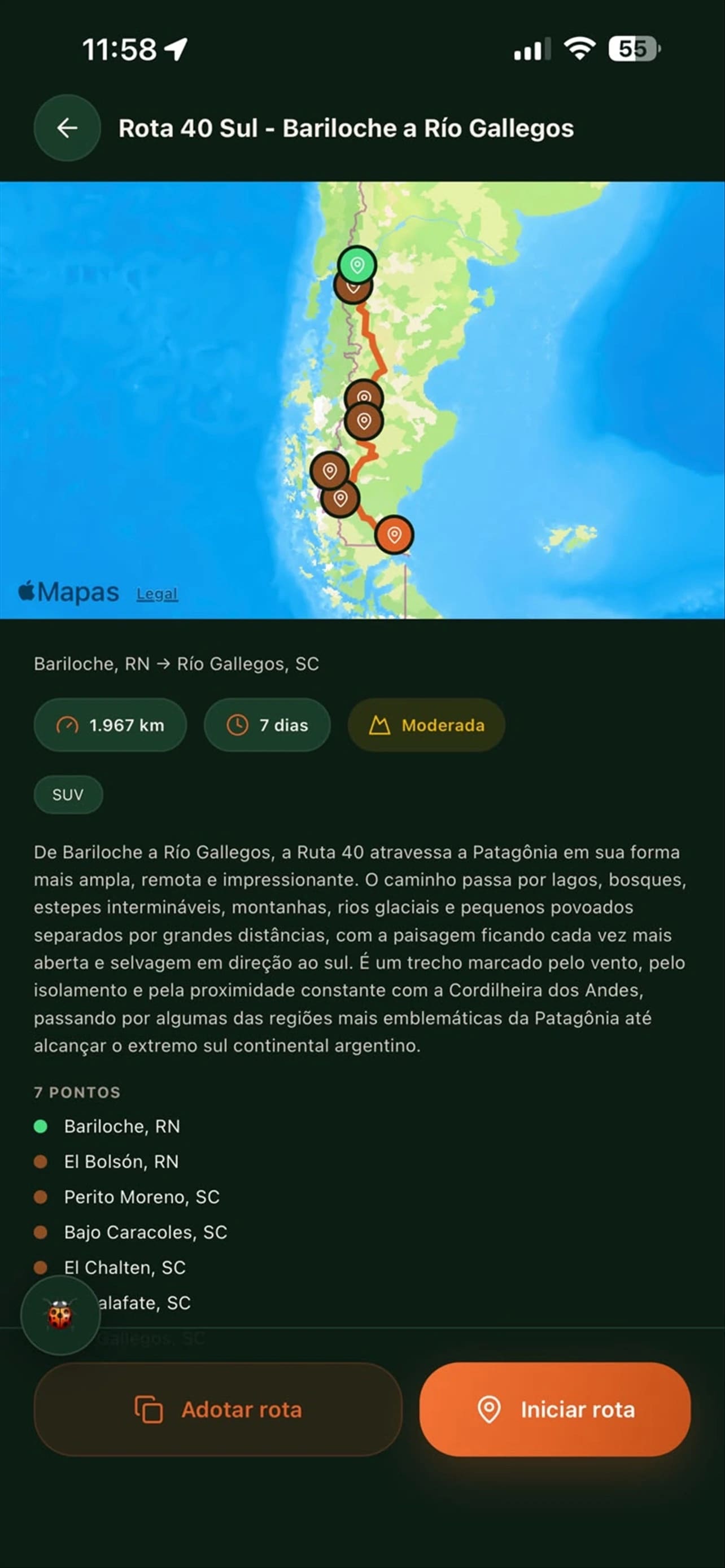 Imagem oficial da publicação do aplicativo GT Overlander na App Store: Mapa e detalhe da rota.