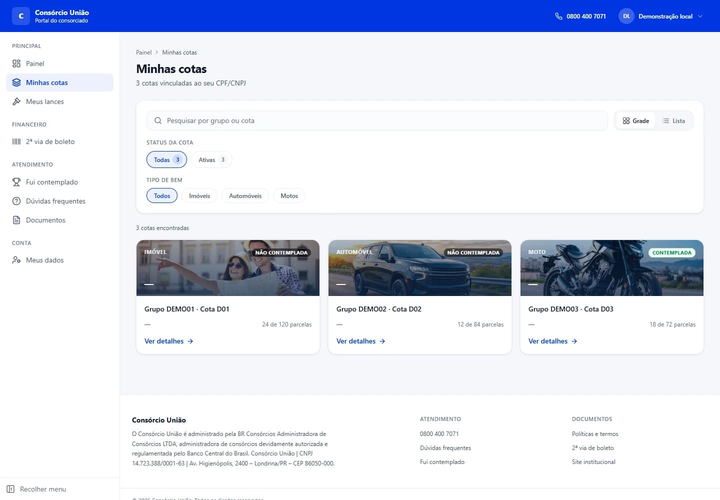 Tela original de consulta das cotas do WebApp, com dados de demonstração.