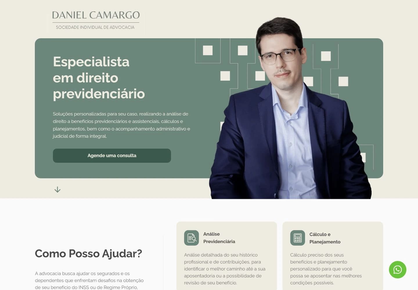 Captura real da landing page Daniel Camargo no desktop.