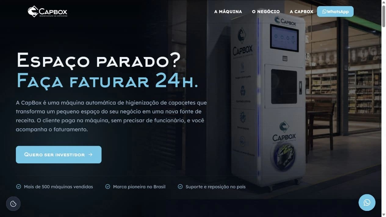 Captura real da página pública CapBox no desktop.